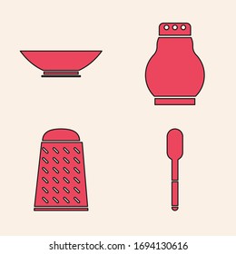 Set Spoon, Bowl, Salt and pepper and Grater icon. Vector