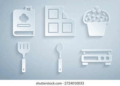 Set cuchara, pastel, espátula, escalas Electrónicas, barra de chocolate y el icono de libro de cocina. Vector