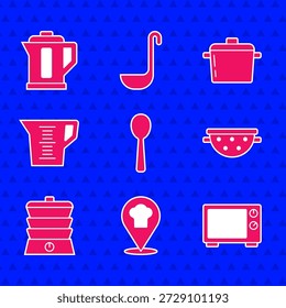 Set Löffel, Kochmütze mit Lage, Mikrowellenofen, Küchenschrank, Langsamer Herd, Messbecher, Kochtopf und Wasserkocher-Symbol. Vektorgrafik