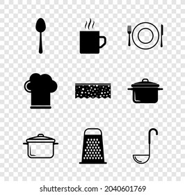 Set Spoon, Coffee cup, Plate, fork and knife, Cooking pot, Grater, Kitchen ladle, Chef hat and Sponge with bubbles icon. Vector