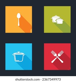 Set Spoon, Cooking pot,  and Crossed fork icon. Vector