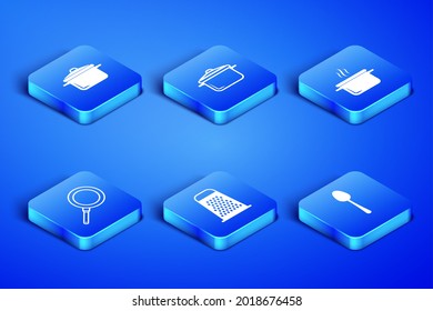 Set Spoon, Cooking pot, Grater, Frying pan, e icon. Vector
