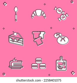Set Spoon, Croissant, Candy, Pieza de pastel, Tostada de pan, Pan y un icono de la galleta Macaron. Vector