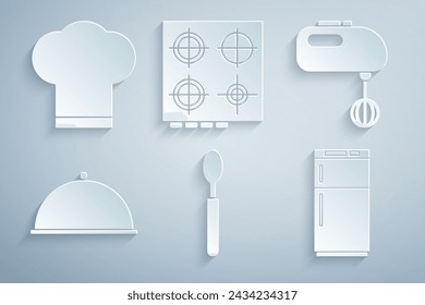 Set Spoon, Electric mixer, Covered with tray, Refrigerator, Gas stove and Chef hat icon. Vector