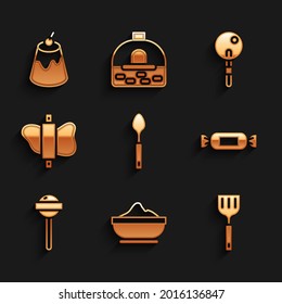 Set Spoon, Flour bowl, Spatula, Candy, Lollipop, Rolling pin dough,  and Pudding custard icon. Vector
