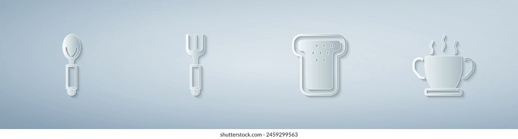 Set Spoon, Fork, Bread toast and Bowl of hot soup. Paper art style. Vector
