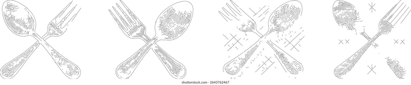 Set of Spoon and Fork Crossed Outline Drawings – Minimalist Black Line Art Vector Icons for Kitchen