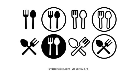 set of spoon and fork food restaurant icon symbol vector design black white color simple flat illustration isolated