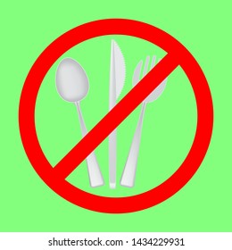 set of spoon, fork, knife plastic  under red cross sign that mean do not use plastics, plastic waste is impact environment, save  earth and good life do not use plastic, plastic can recycle and reused