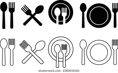 Set von Spoon, Gabel und Platten Restaurant Symbole Flache Vektorgrafik. Symbole für das Mittagessen, die auf einem bearbeitbaren Stock erscheinen. Löffel und Gabel zum Essen von Symbolen für Apps und Websites einzeln auf transparentem Hintergrund.