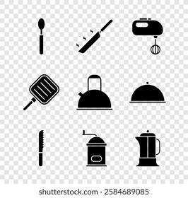 Set Spoon, Frying pan, Electric mixer, Bread knife, Manual coffee grinder, French press,  and Kettle with handle icon. Vector