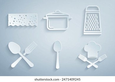 Cuchara, rallador, tenedor cruzado y cuchara, sombrero de chef, olla de cocina y esponja con icono de burbujas. Vector
