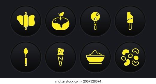 Set Spoon, Ice cream, in waffle cone, Flour bowl, Lollipop, Apple caramel, Jelly candy and Rolling pin dough icon. Vector
