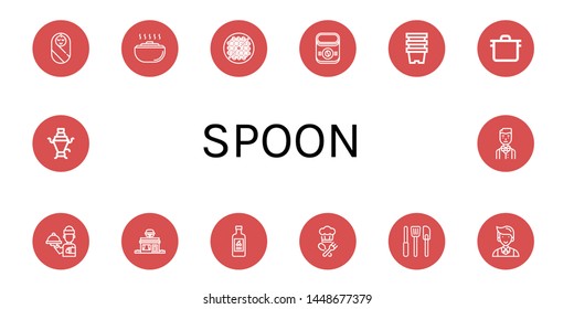 Set of spoon icons such as Baby, Dough, Bean toasting, Instant coffee, Pots, Pot, Waiter, Restaurant, Yogurt, Cook, Kitchen tools, Samovar , spoon