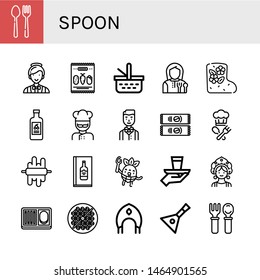 Set of spoon icons such as Cutlery, Catering, Mix, Picnic basket, Lunchroom, Valenki, Yogurt, Cook, Waiter, Instant coffee, Dough, Wine menu, Eating, Serve, Kokoshnik , spoon