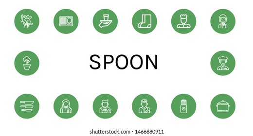 Set of spoon icons such as Eating, Meal, Serve, Valenki, Chef, Waiter, Knife, Lunchroom, Salty, Pot , spoon