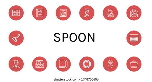 Set of spoon icons. Such as Instant coffee, Cereals, Mix, Chef, Waiter, Restaurant, Dough, Plate, Pot, Balalaika, Sugar , spoon icons