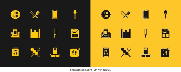 Set Spoon, Meatballs wooden stick, Knife, Coffee cup to go, Online ordering food, Food mobile,  and Crossed knife and fork icon. Vector