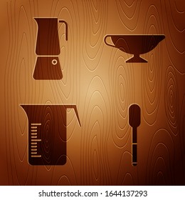 Set Spoon, Moka pot, Measuring cup and Sauce boat on wooden background. Vector
