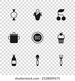 Set Spoon, Muffin, Fork, Banner for bio, Fresh berries, Chicken leg, Corn and Cooking pot icon. Vector