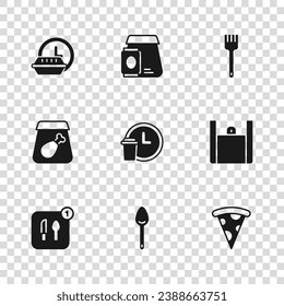 Set Spoon, Online ordering food, Slice of pizza, Round the clock delivery, Fork,  and meal icon. Vector
