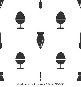 Set Spoon, Pastry bag for decorate cakes and Chicken egg on a stand on seamless pattern. Vector