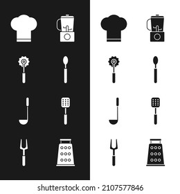 Set Spoon, Pizza knife, Chef hat, Blender, Kitchen ladle, Spatula, Grater and Barbecue fork icon. Vector