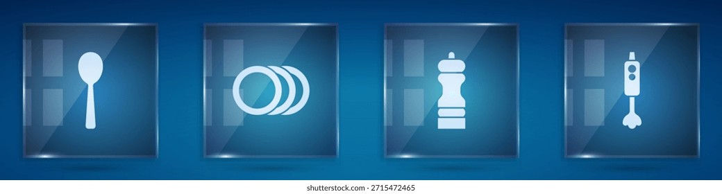 Set Spoon, Plate, Pepper and Blender. Square glass panels. Vector
