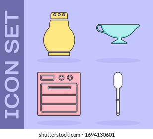 Set Spoon, Salt and pepper, Oven and Sauce boat icon. Vector