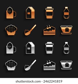 Set Spoon with sugar, Bottle of water, Cup tea bag, Piece cake, Muffin, lemon and Paper package for milk icon. Vector