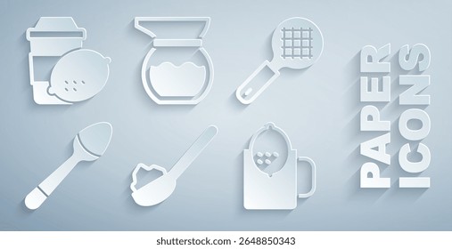 Set Spoon com açúcar, alça de filtro de chá, colher de chá, Xícara de limão de chá, Bule e ícone. Vetor