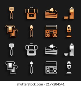 Set Spoon, Thermos container, Wine glass, Home stereo with two speakers, Bread toast, Piece of cake, Spatula and Hiking backpack icon. Vector
