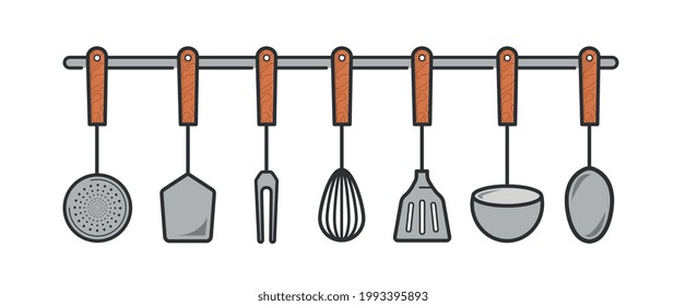 Conjunto de cucharas y cubiertos para cocina, ladle, fuê, espátula entre otros.