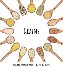 Löffel mit Getreide und Getreide. Draufsicht. Runder Rahmen. Gerste, Weizen, Buchweizen, Hafer, Mais, Quinoa, Mehl, Schurken. Bio gesunde Lebensmittel. handgezeichnete Vektorgrafik