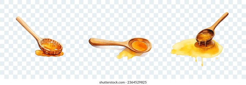 Set spoons with honey, watercolor clipart