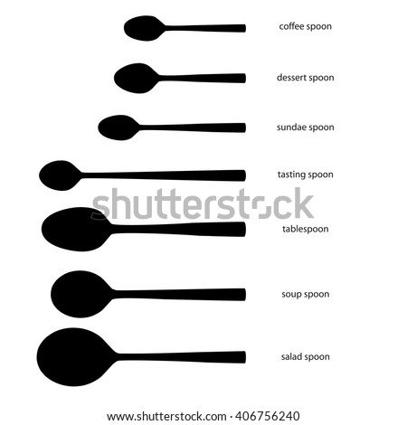 Set of spoons silhouettes with names (salad, soup, tablespoon, tasting, sundae, dessert, coffee). Kitchen, restaurant, cafe, silverware, kitchenware.