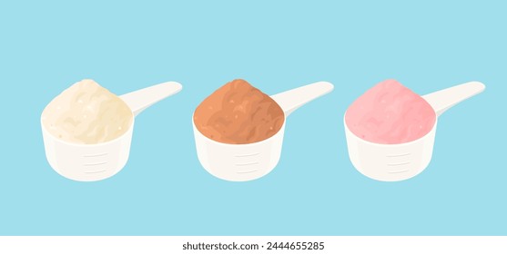 Set of spoons with whey protein powder of different flavor. Vanilla, strawberry and chocolate powder. Vector cartoon flat illustration.