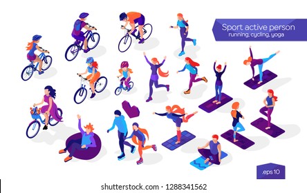 Set of sport active persons. Isometric flat characters collection. People on a white background. Cycling, running, ice-skating and yoga