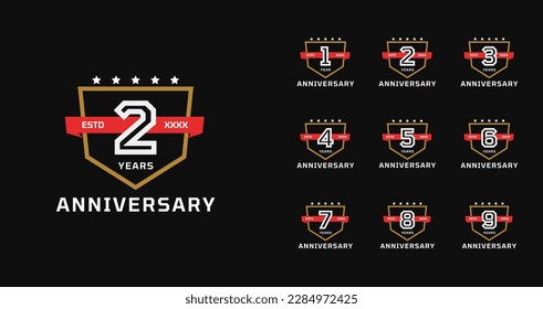 Set of sport anniversary logo. 1, 2, 3, 4, 5, 6, 7, 8, 9, birthday emblem collection. Number celebration with strong and vintage style