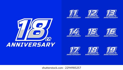 Concepto del logo del aniversario del deporte. 11, 12, 13, 14, 15, 16, 17, 18, 19, colecciones de símbolos numéricos. Logo de la celebración del cumpleaños con estilo negrita y cursiva