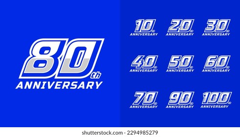 Set of sport anniversary logo concept. 10, 20, 30, 40, 50, 60, 70, 80, 90, 100, number symbol collections. Birthday celebration logo with bold and italic style