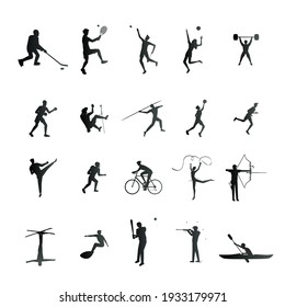 Juego de iconos deportivos y de silueta deportiva. Ilustración vectorial de las actividades deportivas.