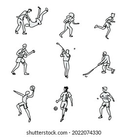 Set of sport and athlete silhouette icons. Vector illustration of sports activities with abstract lines art design.