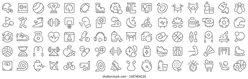 Set of sport and athletic line icons. Collection of black linear icons