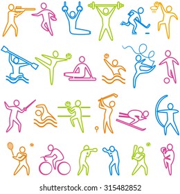 Set of sport and athletics icons. Basketball, soccer, hockey, tennis, skiing, boxing, cycling, golf, baseball, gymnastics, rugby, gymnastics, American football, weightlifting, archery, swimming