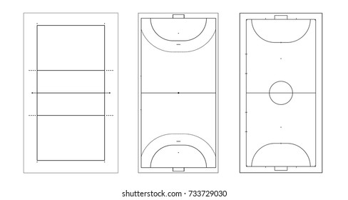 Set of sport background. Line art vector illustration. Futsal court or mini football field. Volleyball and handball court.