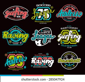 Set of sport badges: surfing, racing, baseball, soccer, rugby. Graphic design for t-shirt. Color print on black background