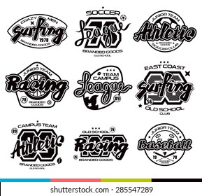 Set of sport badges: surfing, racing, baseball, soccer, rugby. Graphic design for t-shirt. Black print on white background