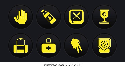 Set Sport bag, Award cup with baseball ball, First aid kit, Baseball glove, Monitor game, Bottle of water,  and  icon. Vector