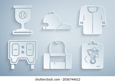 Set Sport bag, Baseball t-shirt, mechanical scoreboard, Planning strategy, cap and Award cup with baseball icon. Vector